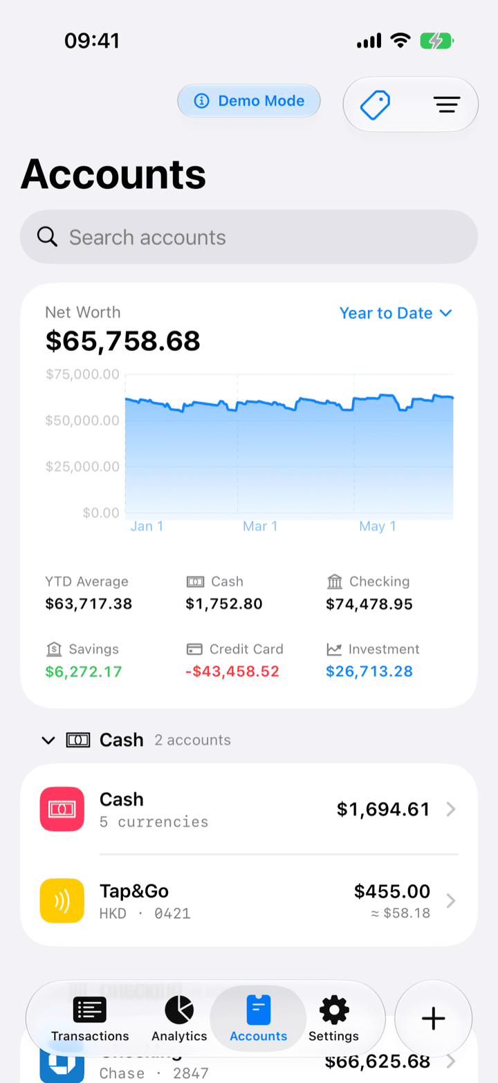 Mofi accounts screen with a net worth chart and account balances across currencies