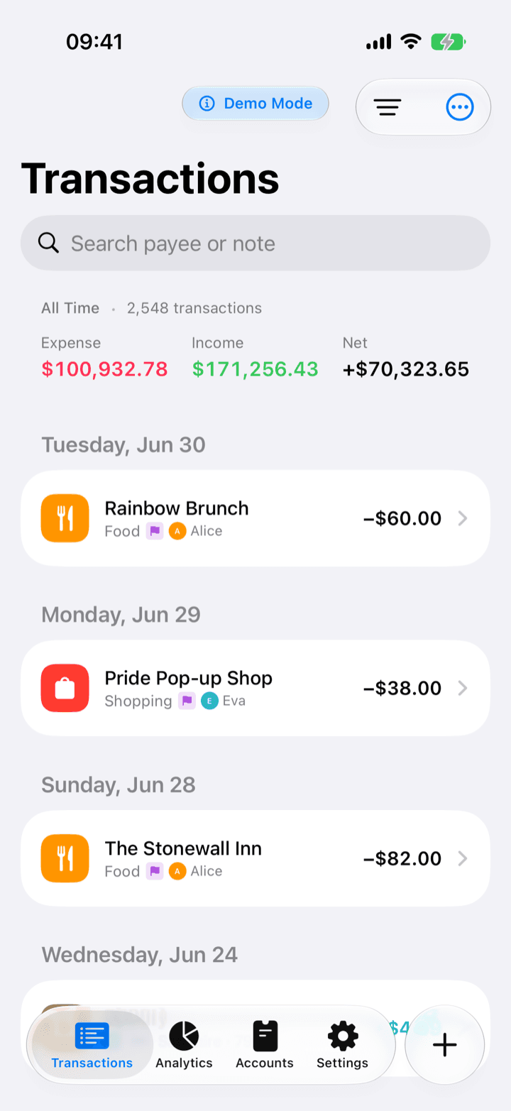 Mofi transactions screen showing income, expense, and net totals over a grouped list of transactions