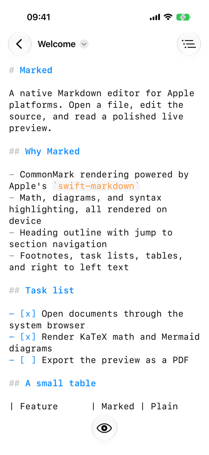 Marked source editor showing syntax-highlighted Markdown