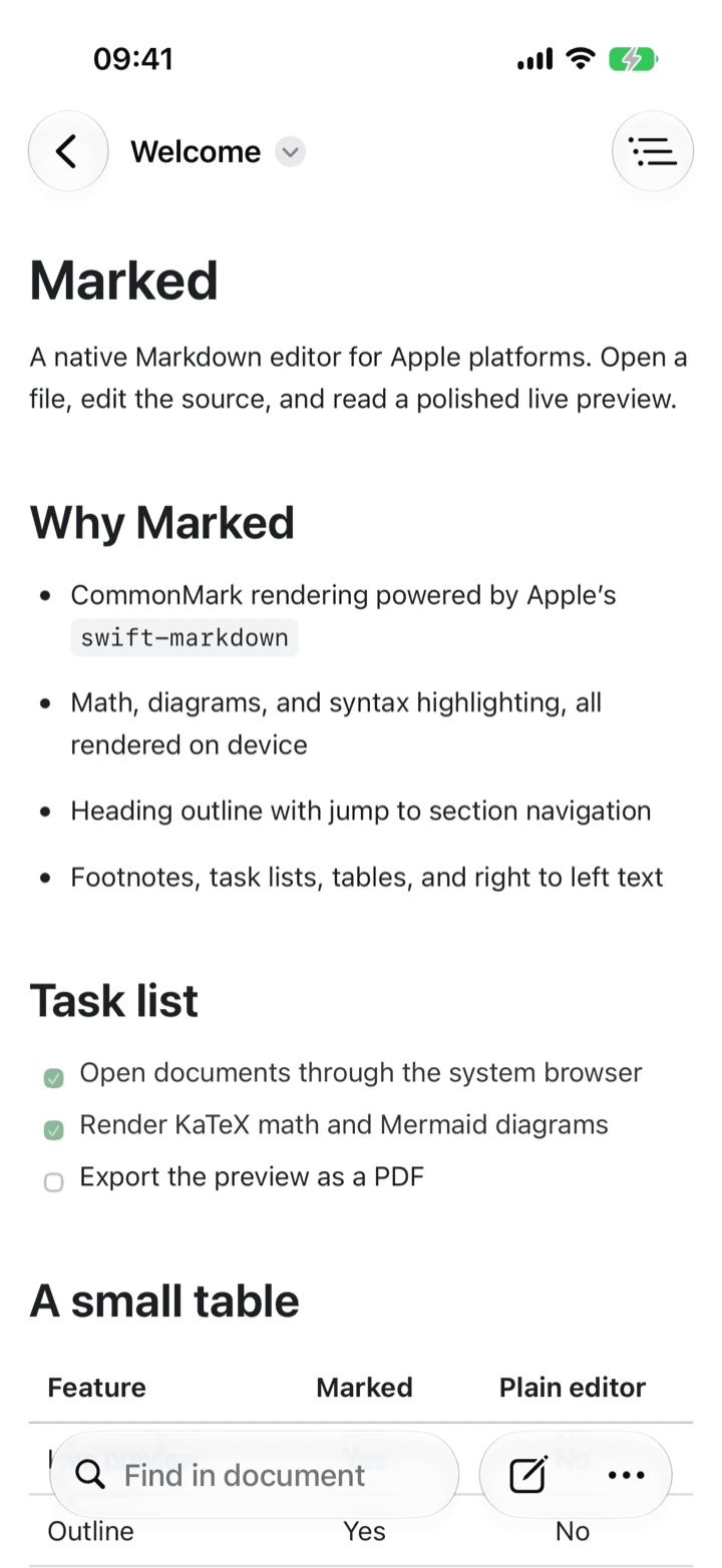 Marked rendered preview of a Markdown document with headings, lists, and a table