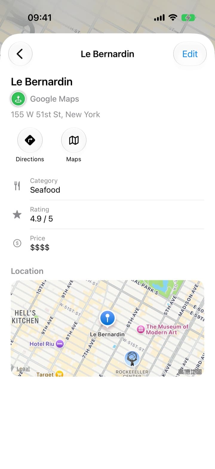 What To Eat place detail screen showing category, rating, price, and a mini map